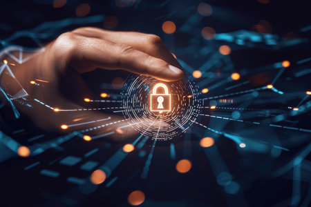 Personal data protection, digital fingerprint trace, a padlock, know your customer, kyc, kyc, Cybersecurity, Digital Lock on Technology Network Data Protection Background, smartphone symbolの素材