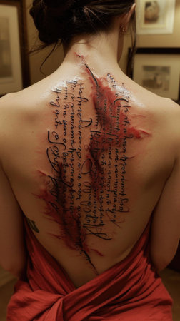 Artistry on skin: creative and beautiful tattoo adorning the back of a woman's body, a masterpiece of personal expression and aesthetic allure, celebrating the beauty of individuality.の素材