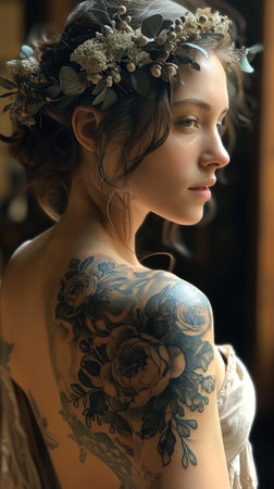 Artistry on skin: creative and beautiful tattoo adorning the back of a woman's body, a masterpiece of personal expression and aesthetic allure, celebrating the beauty of individuality.の素材