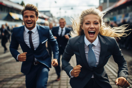 Corporate marathon triumph: businesspeople group in suits crossing finish line, embodying struggle for success, determination, and teamwork in the competitive world of business and beyond.の素材
