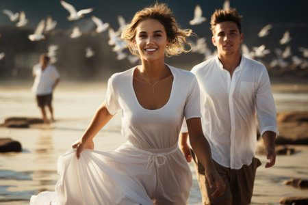 Capturing love on the beach: a beautiful couple shares intimate moments by the sea, surrounded by seagulls, enjoying the serenity, romance, and breathtaking scenery of their coastal paradise getawayの素材