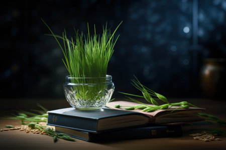Celebrating renewal with sprouted wheat grass: happy nowruz, a festive homage to nature's rebirth, cultural traditions, and the joyous spirit of Persian new year, embracing health and vitalityの素材