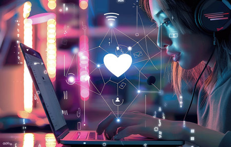 Internet dialogue, digital communication, effective interaction, fostering connections and collaboration in the online realm of ideas, opinions, information exchange. Mobile phone, connection, laptopの素材