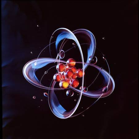 Atomic dance: subatomic realm, electrons, neutrons, and protons orbit a fixed nucleus in a model empty space within atoms, showcasing set, predictable paths in the intricate world of particle physics.の素材