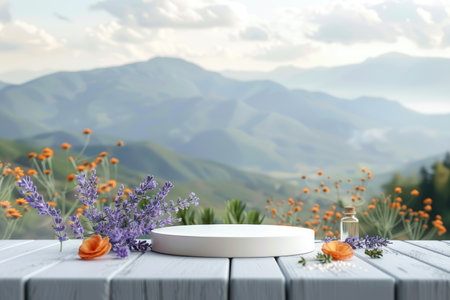 Herbal medicine stand mockup: empty podium on table for supplements, alternative medicine, homeopathy, herbal treatment, natural products, with banner and copy space for advertising and promotionの素材