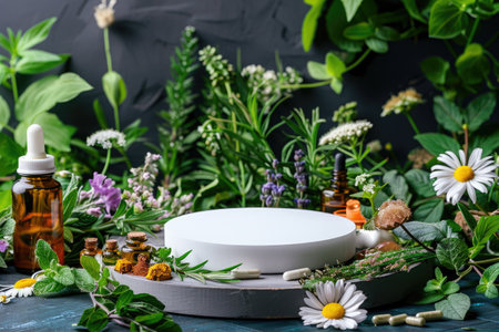 Herbal medicine stand mockup: empty podium on table for supplements, alternative medicine, homeopathy, herbal treatment, natural products, with banner and copy space for advertising and promotionの素材