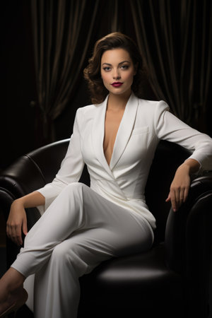 Elegance beautiful woman in business suit, tuxedo for wedding, blending professionalism with timeless bridal chic, embodying grace, style, sophistication for stunning celebration or meeting.の素材