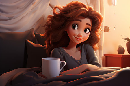 Whimsical morning: animated female character savoring a cup of coffee, blending charm and vibrancy of creative storytelling and lively expressionsの素材