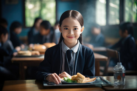 A schoolchild in the school cafeteria. Time of lunch break, peculiarities of the school meal, snackの素材