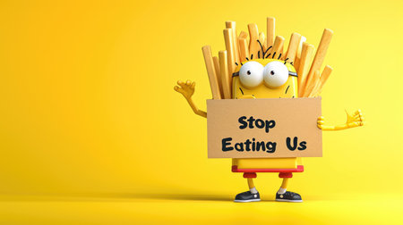 Whimsical plea: cartoon characters, fast food holding a sign 'Stop Eating Us.' A playful take on the concept of proper nutrition and the pursuit of a healthier lifestyleの素材