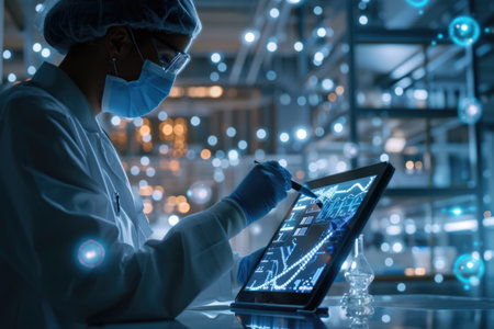 Medicine with futuristic technology. Doctors collaborated with computers, and holograms materialize intricate medical data, symbolizing the harmonious future of advanced healthcare digital integrationの素材
