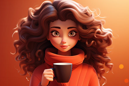 Whimsical morning: animated female character savoring a cup of coffee, blending charm and vibrancy of creative storytelling and lively expressionsの素材