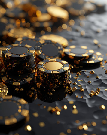Virtual online casino concept, gaming, currency entertainment, gambling symbols, nightlife, deluxe symbol, betting chips playing cards, live poker digital entertainment, banner wallpaper backgroundの素材