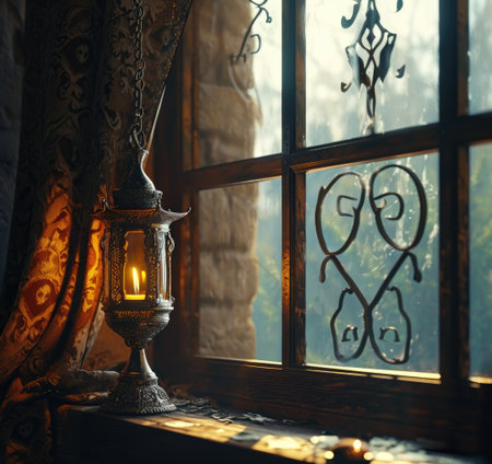 In this evocative image, a radiant Ramadan lantern illuminates the surroundings, symbolizing the holy month's spiritual warmth, cultural richness, and festive joy.の素材