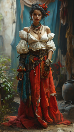 Captivating elegance: a Latina woman adorned in authentic mid-century and Victorian era dress, weaving a cultural tapestry of style that transcends time, embracing heritage and timeless fashionの素材