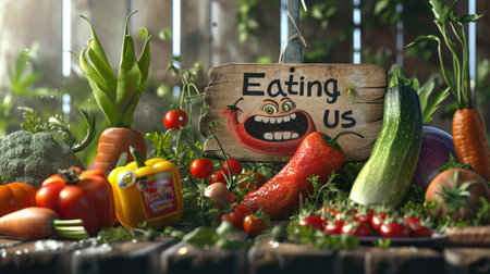 Joyful produce: cartoon characters, happy cute vegetables, and fruits holding a sign 'Eating Us.' A whimsical portrayal promoting the concept of proper nutrition and a healthy lifestyleの素材