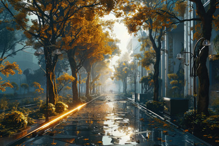 A city in the future covered in greenery, forest and trees filled the Megopolis , Abandoned , Empty streets, overgrown, alternativeの素材