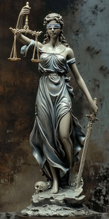 Symbolic scales of justice Themis: legal balance, fairness, and morality in the courtroom, a representation of virtue, ethics, and impartiality in the legal system.の素材