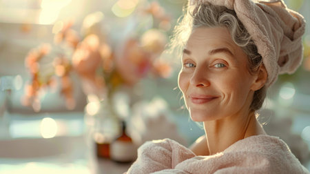 Tranquil spa retreat: rejuvenating body care for lovely elderly woman amidst steam room, sauna, and water treatments, promoting relaxation and skin rejuvenation.の素材