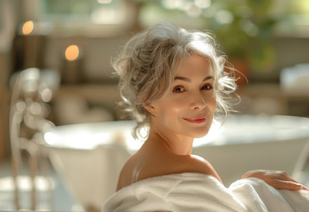 Tranquil spa retreat: rejuvenating body care for lovely elderly woman amidst steam room, sauna, and water treatments, promoting relaxation and skin rejuvenation.の素材