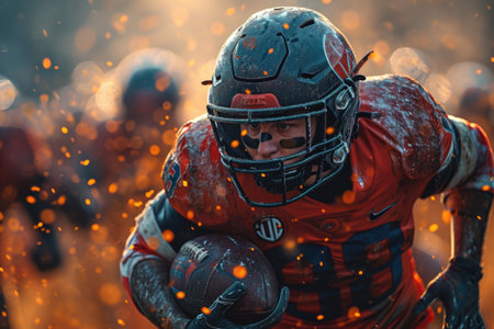 American football: a dynamic collision of strategy, strength, and skill, the essence of gridiron prowess, team unity, and the fervor of a quintessential American sport.の素材