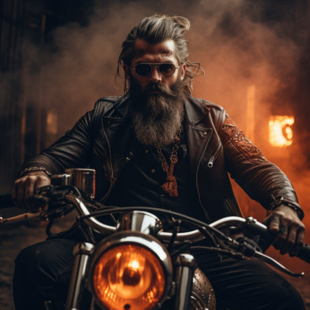 Portrait of a male biker, strength freedom, and individuality on the open road, adventurous spirit and the rebellious allure of the motorcycle, masculinity in motion.の素材