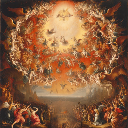 Epic last judgment: a mesmerizing visual narrative capturing the cosmic drama, divine revelations, and ethereal symbolism of the ultimate day of judgmentの素材