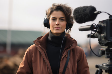 A journalist with a microphone, exploring stories, conducting interviews, and amplifying diverse perspectives through the power of audio storytelling in the dynamic world of mediaの素材