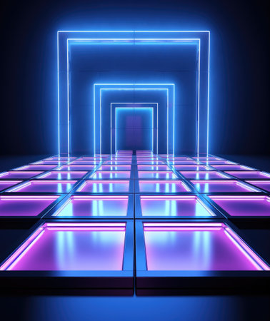 Electrifying stage: mesmerizing scenes LED panels, holographic displays, laser lights, ample copy space, dynamic banners, creating visual symphony for immersive events and cutting-edge presentationsの素材