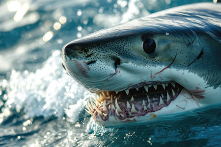 Menacing beauty: underwater world with the shark predator, a captivating glimpse into the fierce, powerful, and mysterious realm of marine life, where danger and elegance coexist.の素材