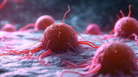 Cancer cells: a microscopic intricate world of cellular anomalies, a glimpse into the scientific realm of pathology, oncology, medical research unraveling complexities of this challenging health condition.の素材
