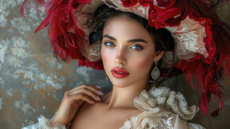 Elegant vintage: woman in baroque renaissance style clothing reminiscent of the Victorian era, a timeless portrayal of grace and sophistication in historical fashion 19th centuryの素材
