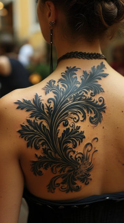 Artistry on skin: creative and beautiful tattoo adorning the back of a woman's body, a masterpiece of personal expression and aesthetic allure, celebrating the beauty of individuality.の素材