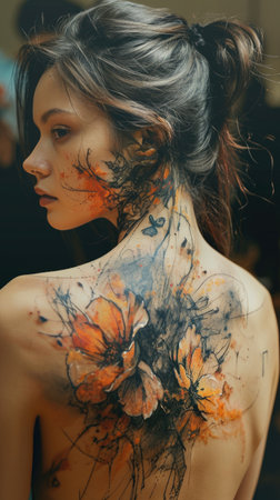 Artistry on skin: creative and beautiful tattoo adorning the back of a woman's body, a masterpiece of personal expression and aesthetic allure, celebrating the beauty of individuality.の素材