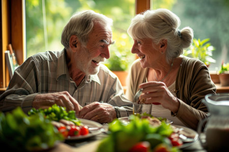 Capturing vitality: a heartwarming portrayal of a cheerful older person embracing a healthy and happy lifestyle through proper nutrition, radiating joy and wellbeing in their golden years.の素材
