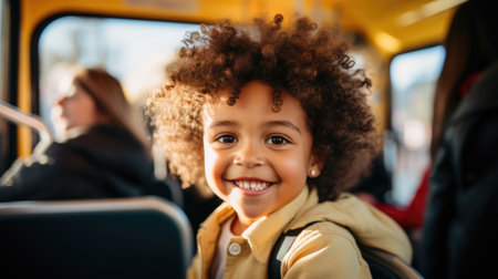 Joyful ride: fun students on a school bus, sharing laughter and creating memories on their journey to school, embodying the spirit of friendship and adventure during their commute together.の素材