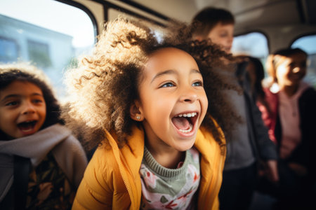Joyful ride: fun students on a school bus, sharing laughter and creating memories on their journey to school, embodying the spirit of friendship and adventure during their commute together.の素材