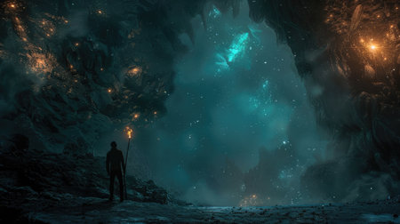 Seeking truth: persona with torch embarks on quest in dark space, symbolizing exploration, discovery, and enlightenment in the pursuit of knowledge and understanding.の素材