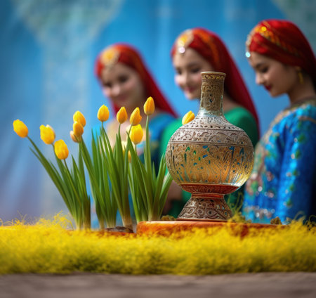 Celebrating renewal with sprouted wheat grass: happy nowruz, a festive homage to nature's rebirth, cultural traditions, and the joyous spirit of Persian new year, embracing health and vitalityの素材