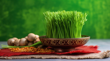 Celebrating renewal with sprouted wheat grass: happy nowruz, a festive homage to nature's rebirth, cultural traditions, and the joyous spirit of Persian new year, embracing health and vitalityの素材
