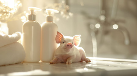 Adorable spa pig: cute and pampered pig enjoying relaxing spa treatments, a charming and delightful scene of animal wellness and indulgence, perfect for showcasing relaxation and cuteness.の素材