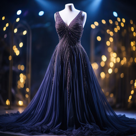 Elegance unveiled: a captivating display of a beautiful, luxurious evening gown gracefully adorning a mannequin, epitomizing timeless style and opulence for a glamorous and chic affair.の素材