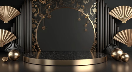 Versatile display: an empty podium, banner, and stand with ample copy space, offering a blank canvas for showcasing products, advertising, presentations, and versatile marketing opportunitiesの素材