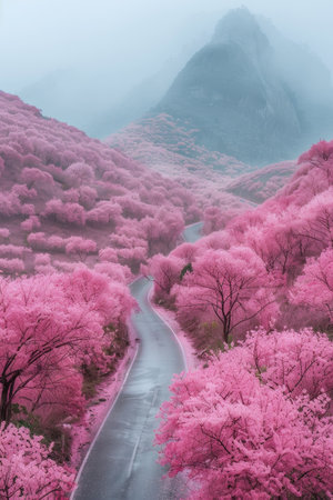Blossoming beauty: enchanting cherry trees in full bloom, painting the landscape with vibrant hues of pink and white, creating a stunning display of natural elegance and springtime charm.の素材