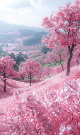 Blossoming beauty: enchanting cherry trees in full bloom, painting the landscape with vibrant hues of pink and white, creating a stunning display of natural elegance and springtime charm.の素材
