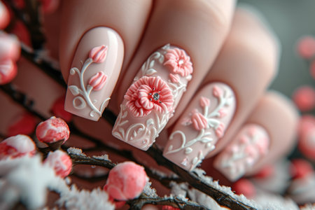 Nail art mastery: a captivating showcase of 3d three-dimensional elegance, featuring beautiful design adorning nails, blending creativity, style, intricate craftsmanship for a chic and trendy lookの素材