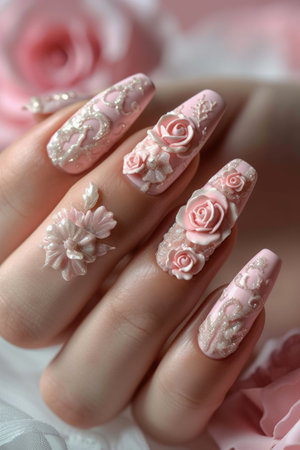 Nail art mastery: a captivating showcase of 3d three-dimensional elegance, featuring beautiful design adorning nails, blending creativity, style, intricate craftsmanship for a chic and trendy lookの素材
