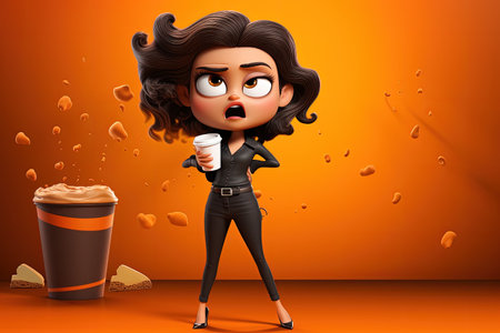 Whimsical morning: animated female character savoring a cup of coffee, blending charm and vibrancy of creative storytelling and lively expressionsの素材