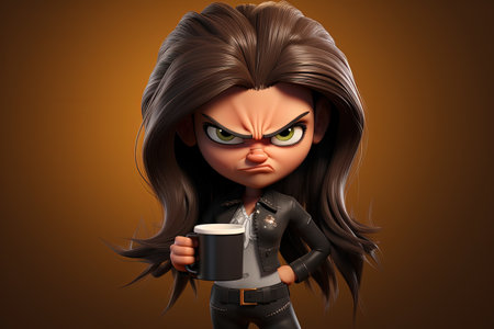 Whimsical morning: animated female character savoring a cup of coffee, blending charm and vibrancy of creative storytelling and lively expressionsの素材