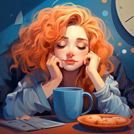 Whimsical morning: animated female character savoring a cup of coffee, blending charm and vibrancy of creative storytelling and lively expressionsの素材